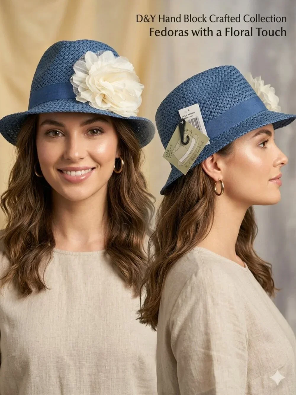 NEW D&Y Hand Block Crafted Blue Straw Fedora w/ Oversized White Flower One Size - Picture 1 of 6
